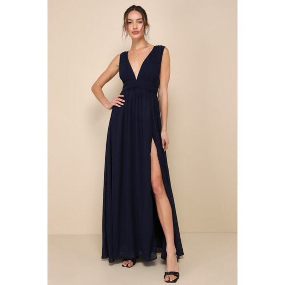 NWT Lulus Heavenly Hues Navy Blue Leg Slit Bridesmaid Maxi Dress Gown